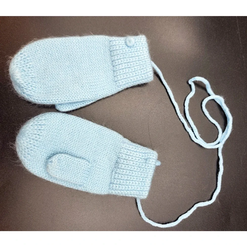 Vintage 80s Infant Blue Knit Mittens Keeper String One Size YK